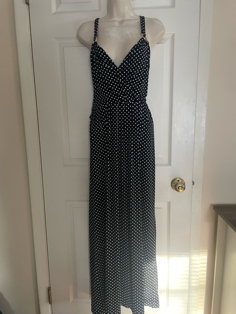 Vince Camuto Navy and White Polka Dot Maxi Dress